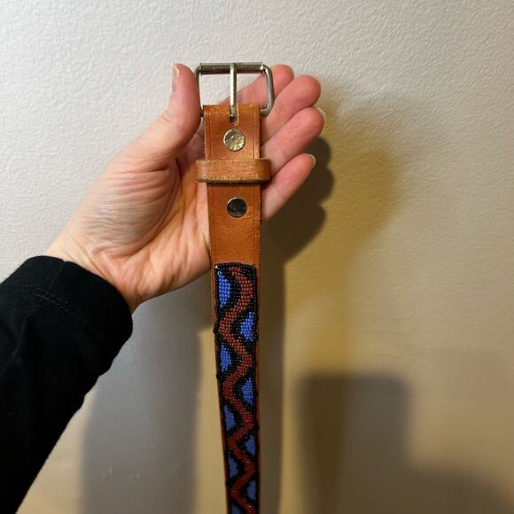 Brown Leather Belt Beaded Purple Black Aztec Western Fair Boho Country Southwest - Picture 5 of 8